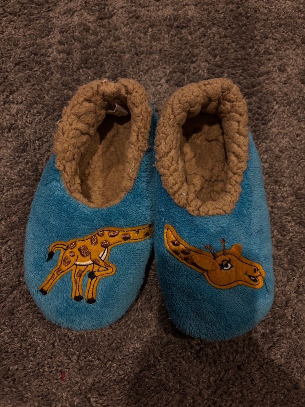 Blue Fuzzy Giraffe Plush Novelty House Slippers - Kids Size Medium